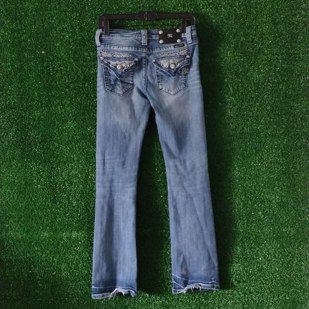 Miss Me Blue Straight Or Boot Cut Jeans with Rhinestone Embellishments - Picture 4 of 7